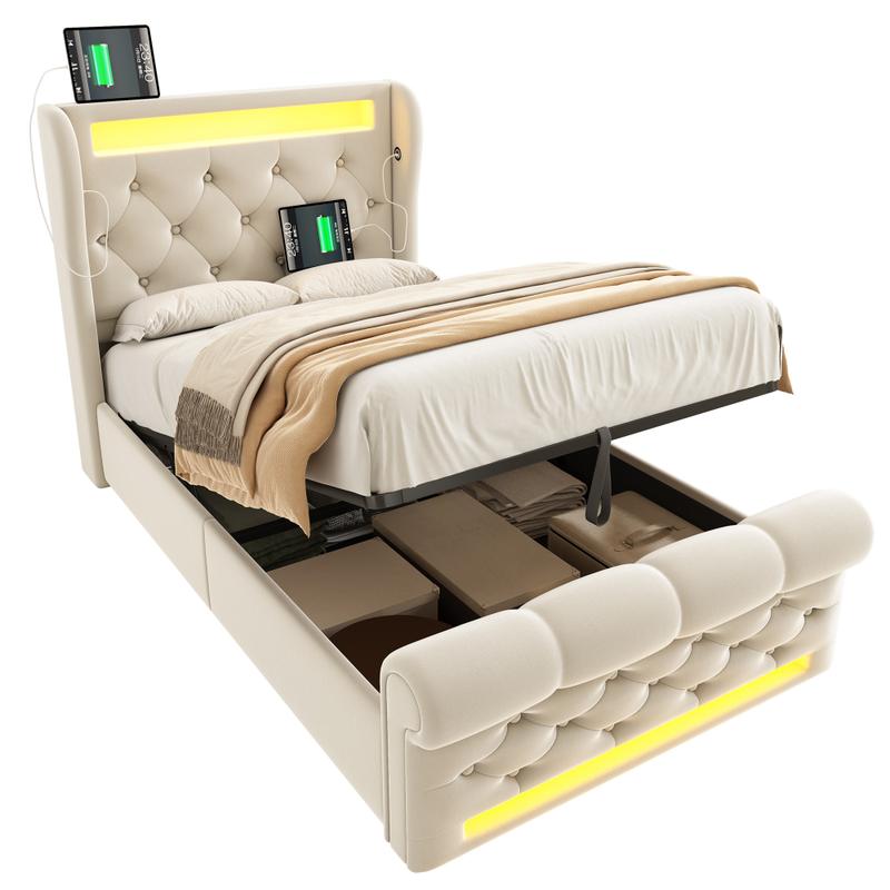 Lit Moderne en Velours Beige, 90/140/160x200cm, Lit Simple avec Lumières LED, Tête de Lit avec Stockage via Ports USB et Type-C, Mécanisme Hydraulique, Matelas non inclus — vignette 7
