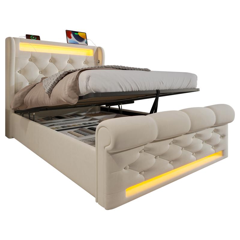 Lit Moderne en Velours Beige, 90/140/160x200cm, Lit Simple avec Lumières LED, Tête de Lit avec Stockage via Ports USB et Type-C, Mécanisme Hydraulique, Matelas non inclus — vignette 8