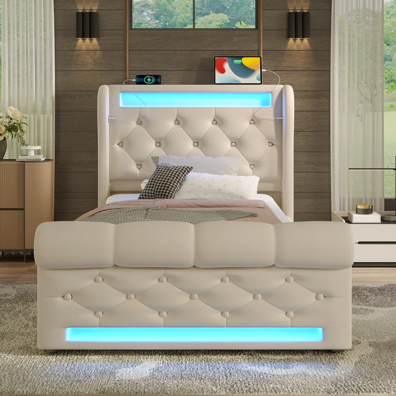 Lit Moderne en Velours Beige, 90/140/160x200cm, Lit Simple avec Lumières LED, Tête de Lit avec Stockage via Ports USB et Type-C, Mécanisme Hydraulique, Matelas non inclus — vignette 9