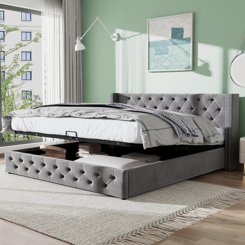 Lit rembourré 140x 190 cm, lit double avec sommier à lattes et cadre en métal, tête de lit rembourrée avec décoration boutons et rivets, pieds en bois, lin