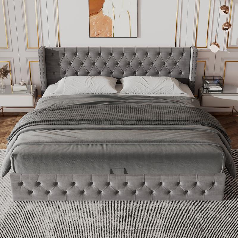 Lit rembourré 140x 190 cm, lit double avec sommier à lattes et cadre en métal, tête de lit rembourrée avec décoration boutons et rivets, pieds en bois, lin — vignette 3