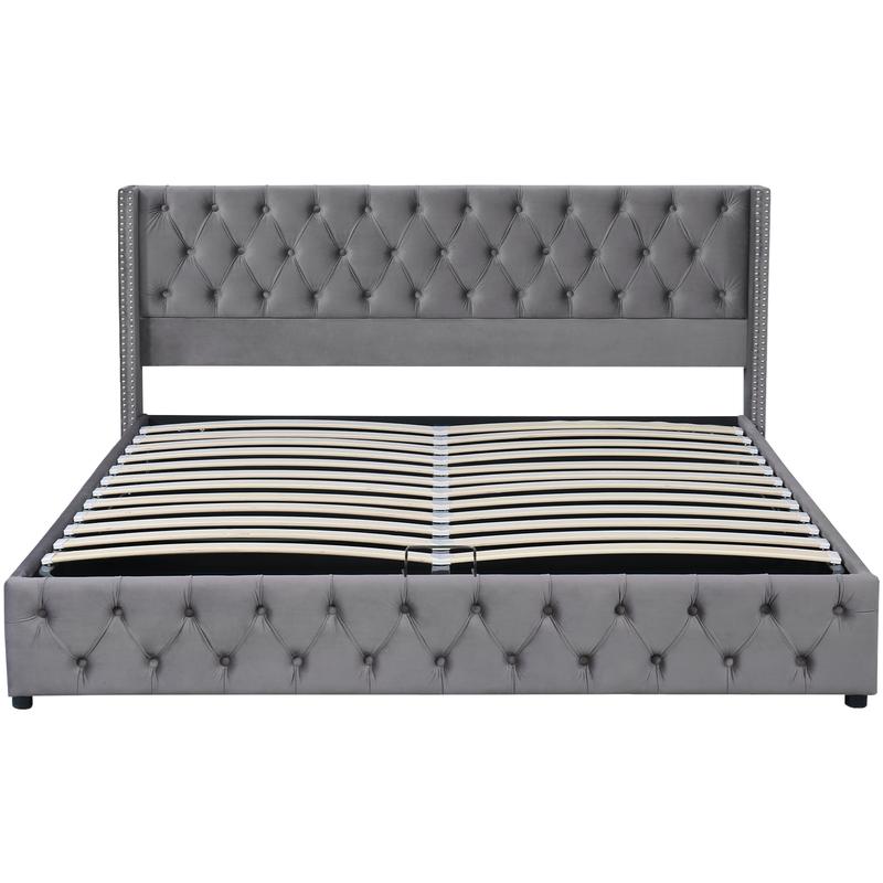 Lit rembourré 140x 190 cm, lit double avec sommier à lattes et cadre en métal, tête de lit rembourrée avec décoration boutons et rivets, pieds en bois, lin — vignette 4