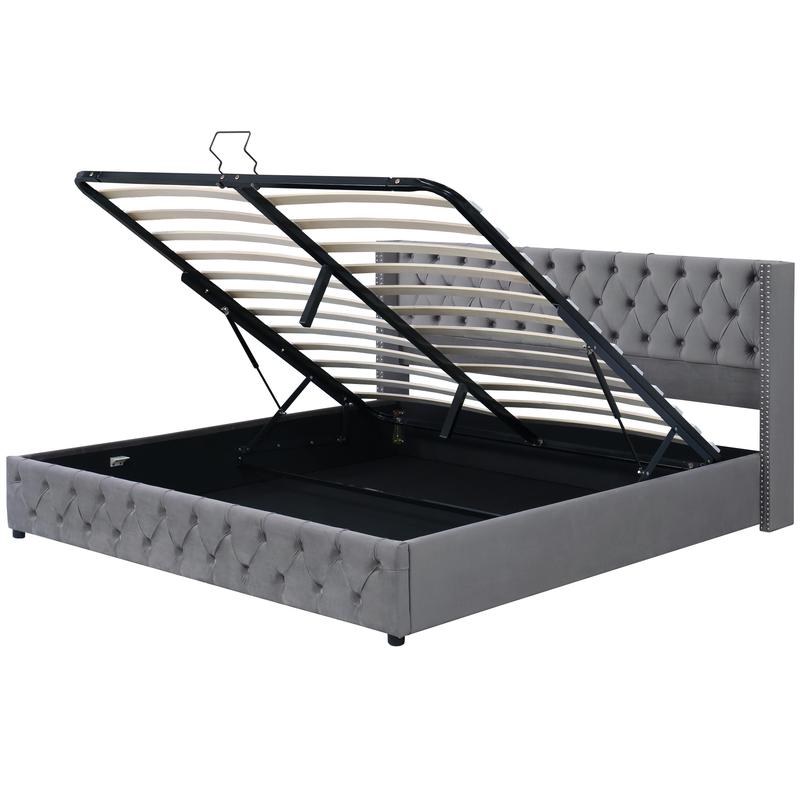 Lit rembourré 140x 190 cm, lit double avec sommier à lattes et cadre en métal, tête de lit rembourrée avec décoration boutons et rivets, pieds en bois, lin — vignette 5