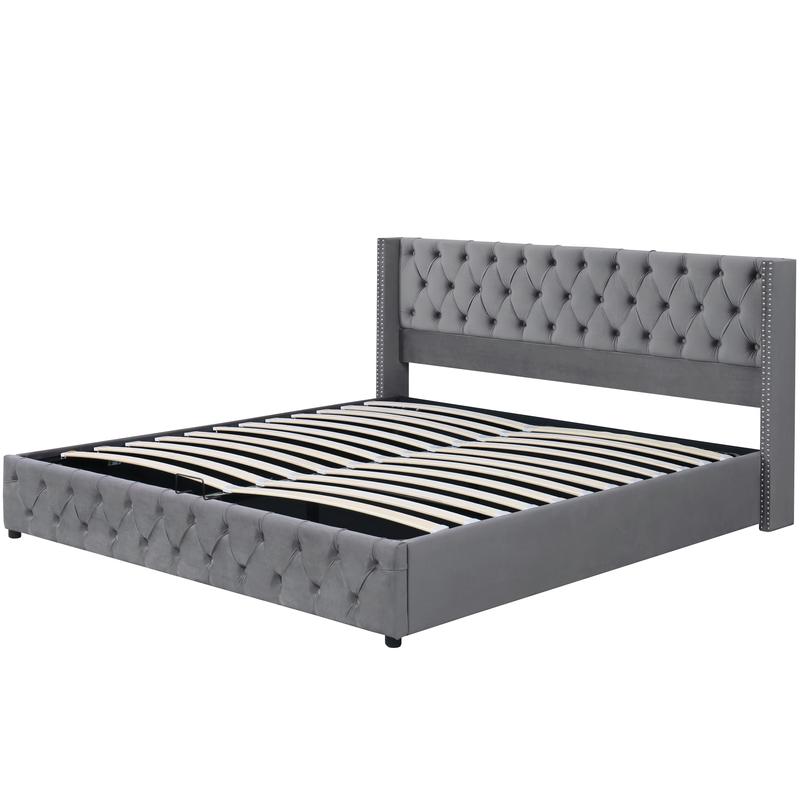 Lit rembourré 140x 190 cm, lit double avec sommier à lattes et cadre en métal, tête de lit rembourrée avec décoration boutons et rivets, pieds en bois, lin — vignette 6