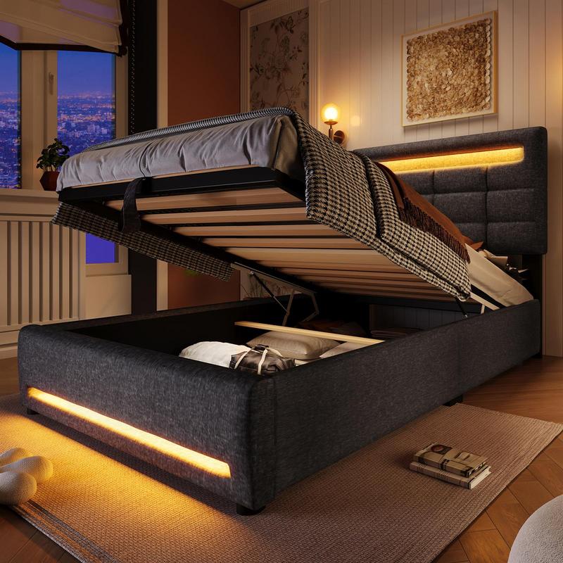 Lit rembourré, 90 × 200 cm, avec espace de rangement et télécommande via l’application, avec éclairage LED, lit simple avec stockage hydraulique, sans matelas, avec port USB, lin, gris, sans matelas