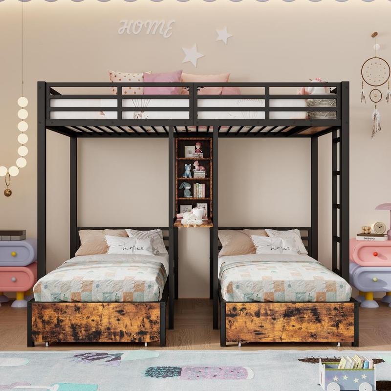 Lit superposé enfant/adulte avec deux tiroirs, lit mezzanine trois places avec quatre compartiments de rangement, un bureau-étagère et des barrières de sécurité, en fer lit, 140x200cm + 90x200cm, noir, matelas non inclus