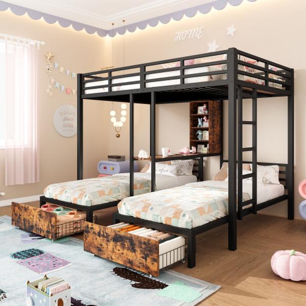 Lit superposé enfant/adulte avec deux tiroirs, lit mezzanine trois places avec quatre compartiments de rangement, un bureau-étagère et des barrières de sécurité, en fer lit, 140x200cm + 90x200cm, noir, matelas non inclus — vignette 2