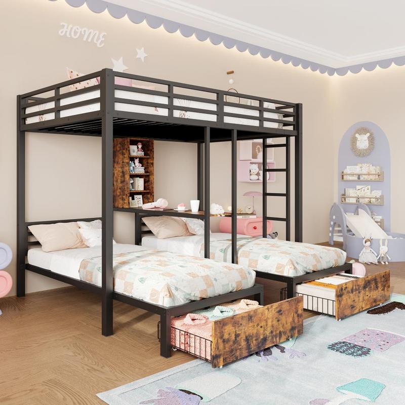 Lit superposé enfant/adulte avec deux tiroirs, lit mezzanine trois places avec quatre compartiments de rangement, un bureau-étagère et des barrières de sécurité, en fer lit, 140x200cm + 90x200cm, noir, matelas non inclus — vignette 3