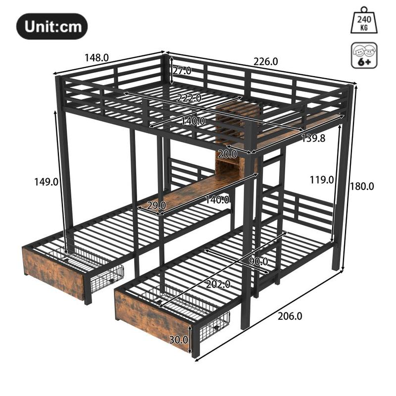 Lit superposé enfant/adulte avec deux tiroirs, lit mezzanine trois places avec quatre compartiments de rangement, un bureau-étagère et des barrières de sécurité, en fer lit, 140x200cm + 90x200cm, noir, matelas non inclus — vignette 4