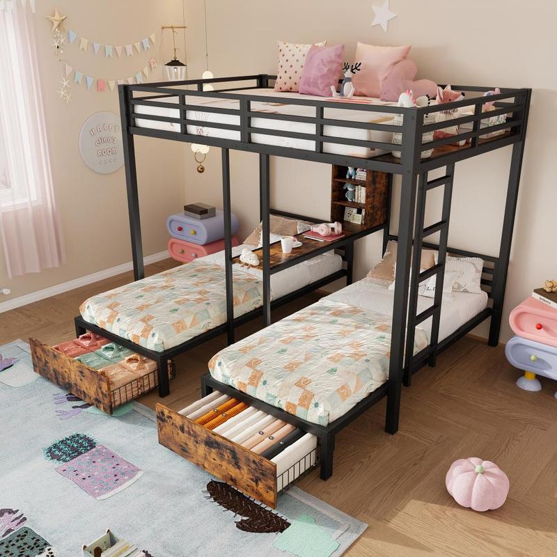 Lit superposé enfant/adulte avec deux tiroirs, lit mezzanine trois places avec quatre compartiments de rangement, un bureau-étagère et des barrières de sécurité, en fer lit, 140x200cm + 90x200cm, noir, matelas non inclus — vignette 5