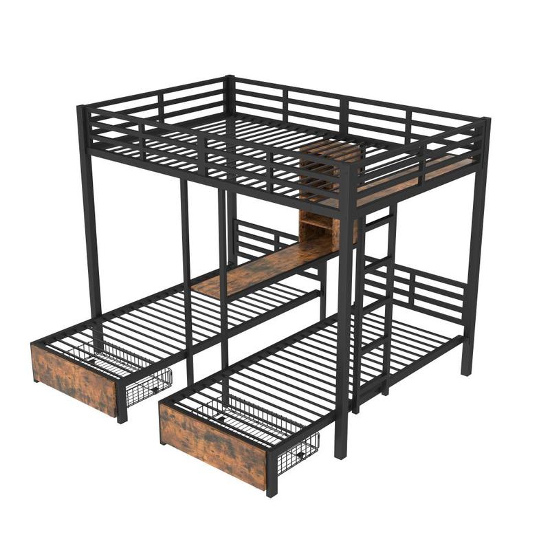 Lit superposé enfant/adulte avec deux tiroirs, lit mezzanine trois places avec quatre compartiments de rangement, un bureau-étagère et des barrières de sécurité, en fer lit, 140x200cm + 90x200cm, noir, matelas non inclus — vignette 7