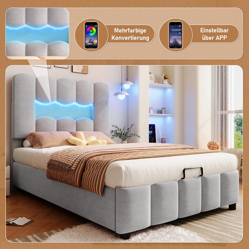 Lit Upholstered 90 x 200 cm avec Rangement Hydraulique, Lit Simple avec Éclairage LED et Mécanisme de Levage Hydraulique, Tête de Lit Ajustable, Tissu Velours, Gris/rose/beige, Sans Matelas — vignette 2