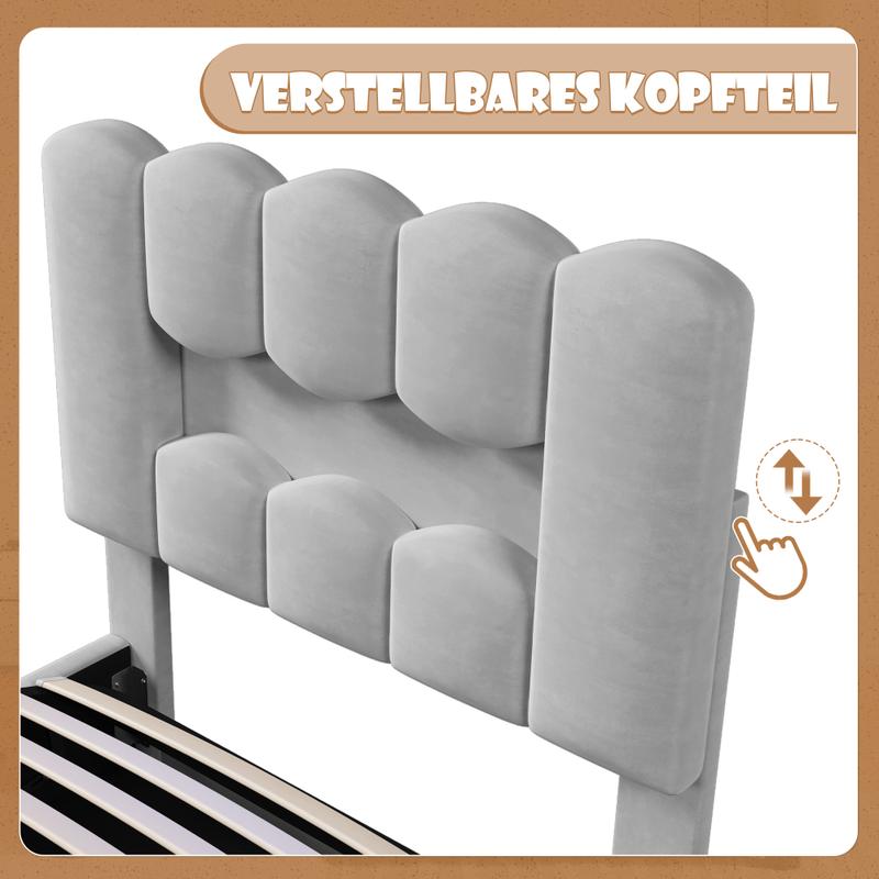 Lit Upholstered 90 x 200 cm avec Rangement Hydraulique, Lit Simple avec Éclairage LED et Mécanisme de Levage Hydraulique, Tête de Lit Ajustable, Tissu Velours, Gris/rose/beige, Sans Matelas — vignette 3