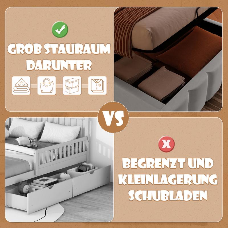 Lit Upholstered 90 x 200 cm avec Rangement Hydraulique, Lit Simple avec Éclairage LED et Mécanisme de Levage Hydraulique, Tête de Lit Ajustable, Tissu Velours, Gris/rose/beige, Sans Matelas — vignette 4