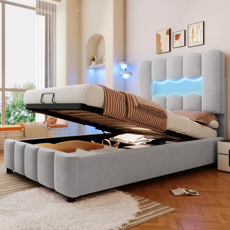 Lit Upholstered 90 x 200 cm avec Rangement Hydraulique, Lit Simple avec Éclairage LED et Mécanisme de Levage Hydraulique, Tête de Lit Ajustable, Tissu Velours, Gris/rose/beige, Sans Matelas — vignette 5
