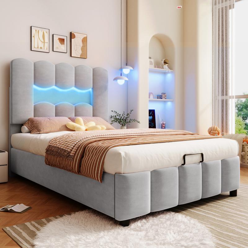 Lit Upholstered 90 x 200 cm avec Rangement Hydraulique, Lit Simple avec Éclairage LED et Mécanisme de Levage Hydraulique, Tête de Lit Ajustable, Tissu Velours, Gris/rose/beige, Sans Matelas — vignette 6