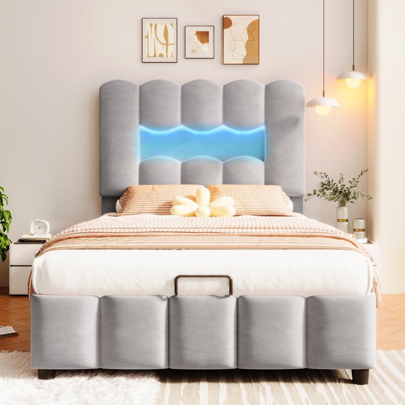Lit Upholstered 90 x 200 cm avec Rangement Hydraulique, Lit Simple avec Éclairage LED et Mécanisme de Levage Hydraulique, Tête de Lit Ajustable, Tissu Velours, Gris/rose/beige, Sans Matelas — vignette 7