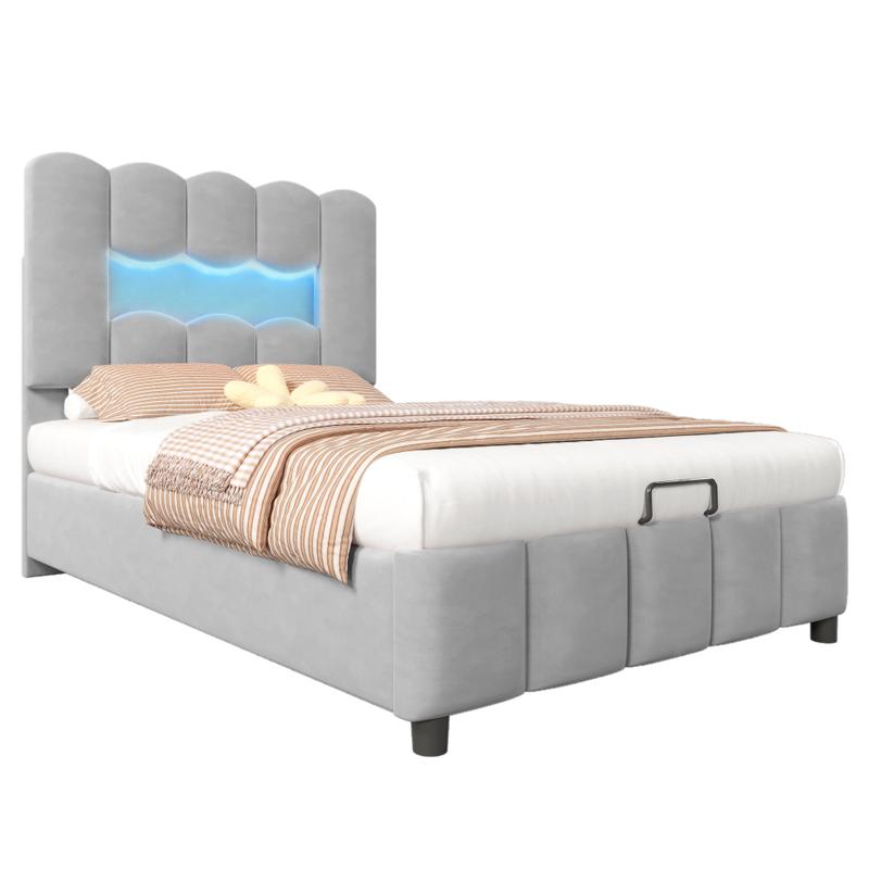 Lit Upholstered 90 x 200 cm avec Rangement Hydraulique, Lit Simple avec Éclairage LED et Mécanisme de Levage Hydraulique, Tête de Lit Ajustable, Tissu Velours, Gris/rose/beige, Sans Matelas — vignette 8