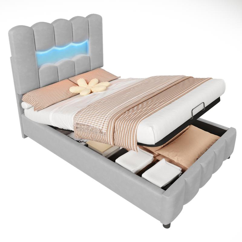 Lit Upholstered 90 x 200 cm avec Rangement Hydraulique, Lit Simple avec Éclairage LED et Mécanisme de Levage Hydraulique, Tête de Lit Ajustable, Tissu Velours, Gris/rose/beige, Sans Matelas — vignette 9