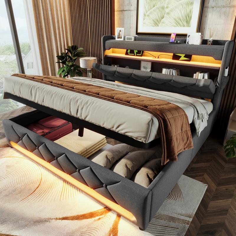 Lit Upholstered avec Tête de Lit et Rangement Lumière LED 360° Ports USB et Type-C Lit Hydraulique 90/140/160/180x200 Beige/Gris Tissu Lin Sans Matelas