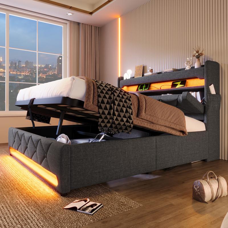 Lit Upholstered avec Tête de Lit et Rangement Lumière LED 360° Ports USB et Type-C Lit Hydraulique 90/140/160/180x200 Beige/Gris Tissu Lin Sans Matelas — vignette 2