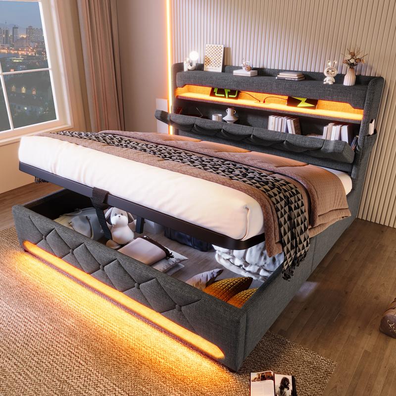 Lit Upholstered avec Tête de Lit et Rangement Lumière LED 360° Ports USB et Type-C Lit Hydraulique 90/140/160/180x200 Beige/Gris Tissu Lin Sans Matelas — vignette 3