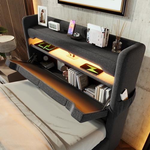 Lit Upholstered avec Tête de Lit et Rangement Lumière LED 360° Ports USB et Type-C Lit Hydraulique 90/140/160/180x200 Beige/Gris Tissu Lin Sans Matelas — vignette 4