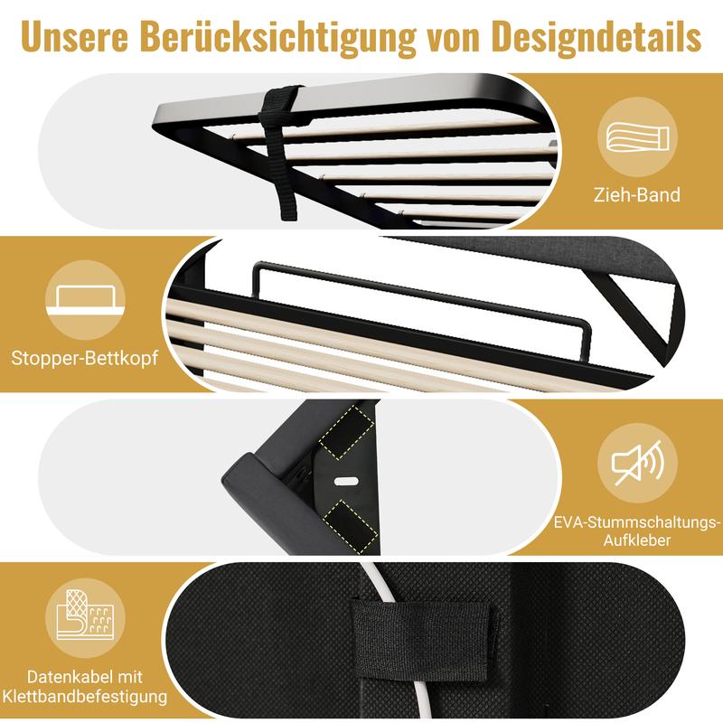 Lit Upholstered avec Tête de Lit et Rangement Lumière LED 360° Ports USB et Type-C Lit Hydraulique 90/140/160/180x200 Beige/Gris Tissu Lin Sans Matelas — vignette 6