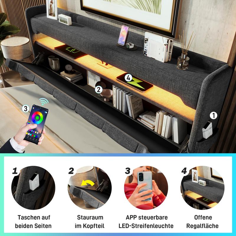 Lit Upholstered avec Tête de Lit et Rangement Lumière LED 360° Ports USB et Type-C Lit Hydraulique 90/140/160/180x200 Beige/Gris Tissu Lin Sans Matelas — vignette 7