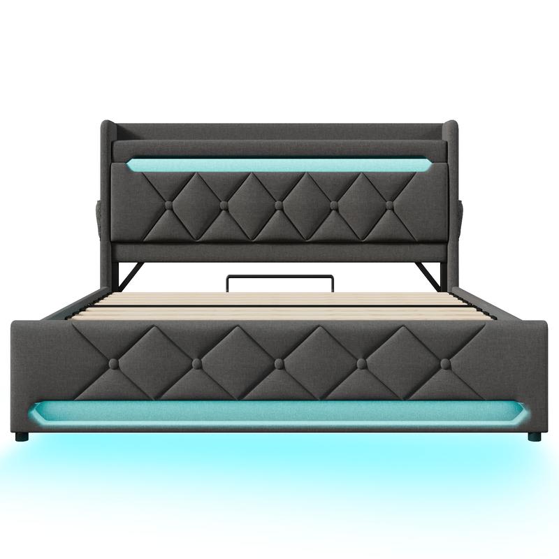 Lit Upholstered avec Tête de Lit et Rangement Lumière LED 360° Ports USB et Type-C Lit Hydraulique 90/140/160/180x200 Beige/Gris Tissu Lin Sans Matelas — vignette 8