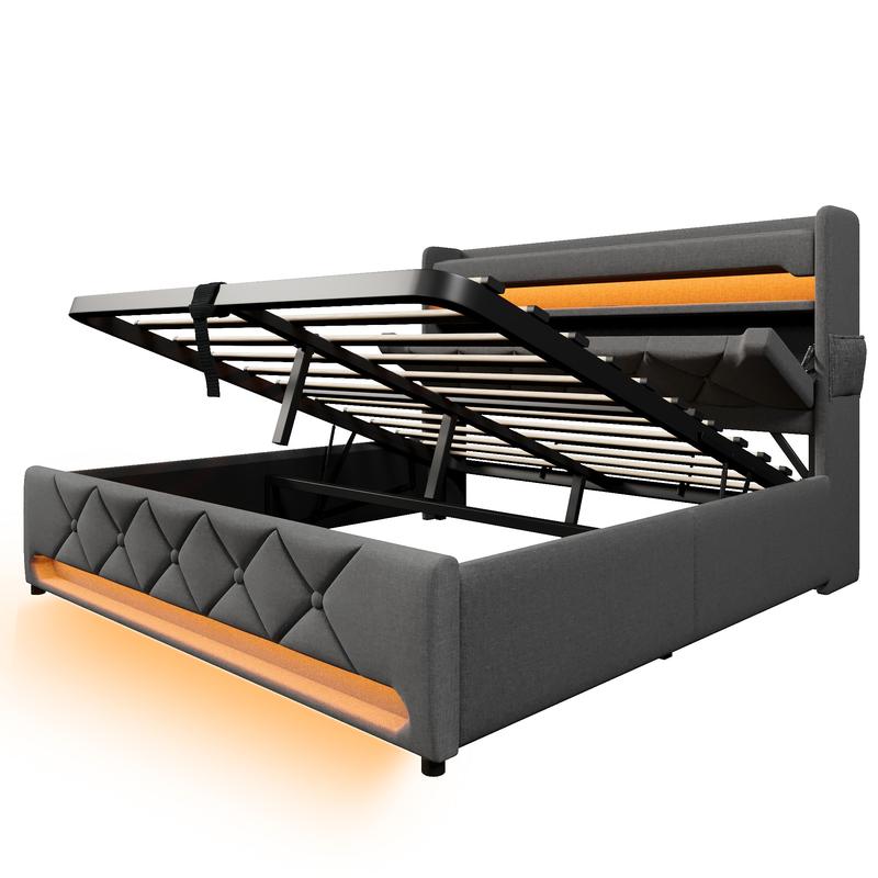 Lit Upholstered avec Tête de Lit et Rangement Lumière LED 360° Ports USB et Type-C Lit Hydraulique 90/140/160/180x200 Beige/Gris Tissu Lin Sans Matelas — vignette 9