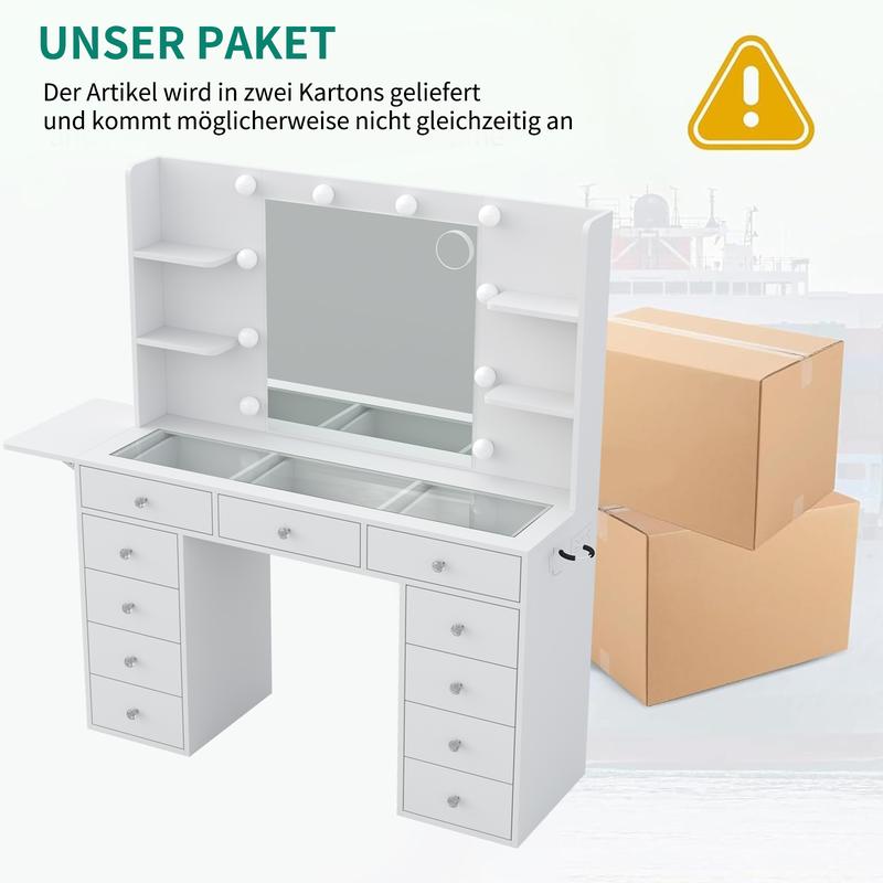 [Livré en 2 colis] FUSOU Coiffeuse 105 cm avec 11 tiroirs, prise de courant, miroir avec éclairage LED (3 modes/couleurs, intensité réglable), plateau en verre, avec chaise, 4 étagères & panneau rabattable – ensemble coiffeuse pour chambre et dressing — vignette 2
