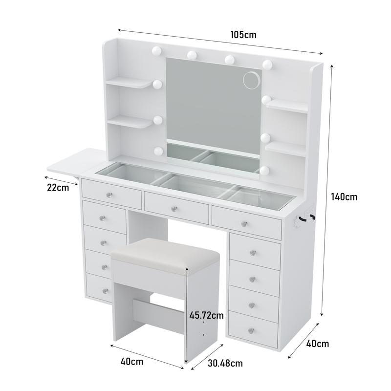 [Livré en 2 colis] FUSOU Coiffeuse 105 cm avec 11 tiroirs, prise de courant, miroir avec éclairage LED (3 modes/couleurs, intensité réglable), plateau en verre, avec chaise, 4 étagères & panneau rabattable – ensemble coiffeuse pour chambre et dressing — vignette 3