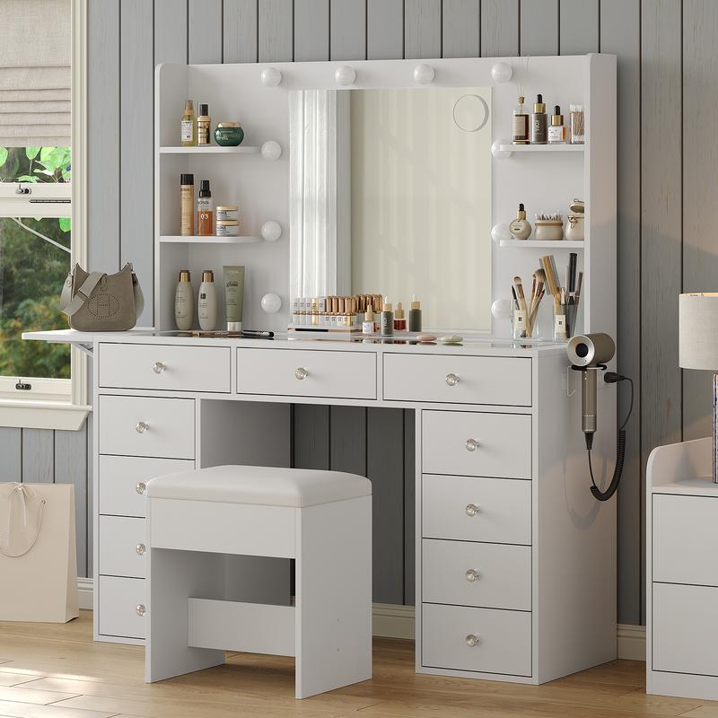 [Livré en 2 colis] FUSOU Coiffeuse 105 cm avec 11 tiroirs, prise de courant, miroir avec éclairage LED (3 modes/couleurs, intensité réglable), plateau en verre, avec chaise, 4 étagères & panneau rabattable – ensemble coiffeuse pour chambre et dressing — vignette 4