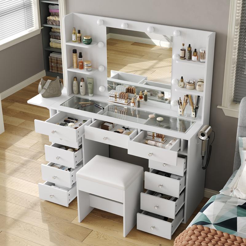 [Livré en 2 colis] FUSOU Coiffeuse 105 cm avec 11 tiroirs, prise de courant, miroir avec éclairage LED (3 modes/couleurs, intensité réglable), plateau en verre, avec chaise, 4 étagères & panneau rabattable – ensemble coiffeuse pour chambre et dressing — vignette 5