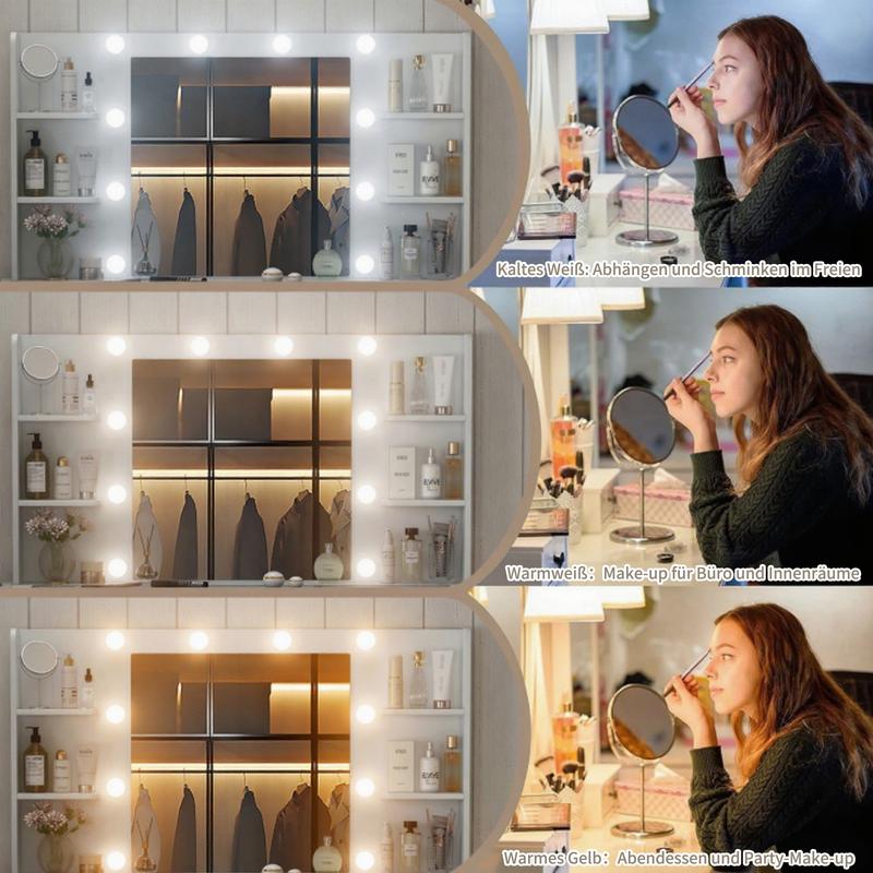 [Livré en 2 colis] FUSOU Coiffeuse 105 cm avec 11 tiroirs, prise de courant, miroir avec éclairage LED (3 modes/couleurs, intensité réglable), plateau en verre, avec chaise, 4 étagères & panneau rabattable – ensemble coiffeuse pour chambre et dressing — vignette 6