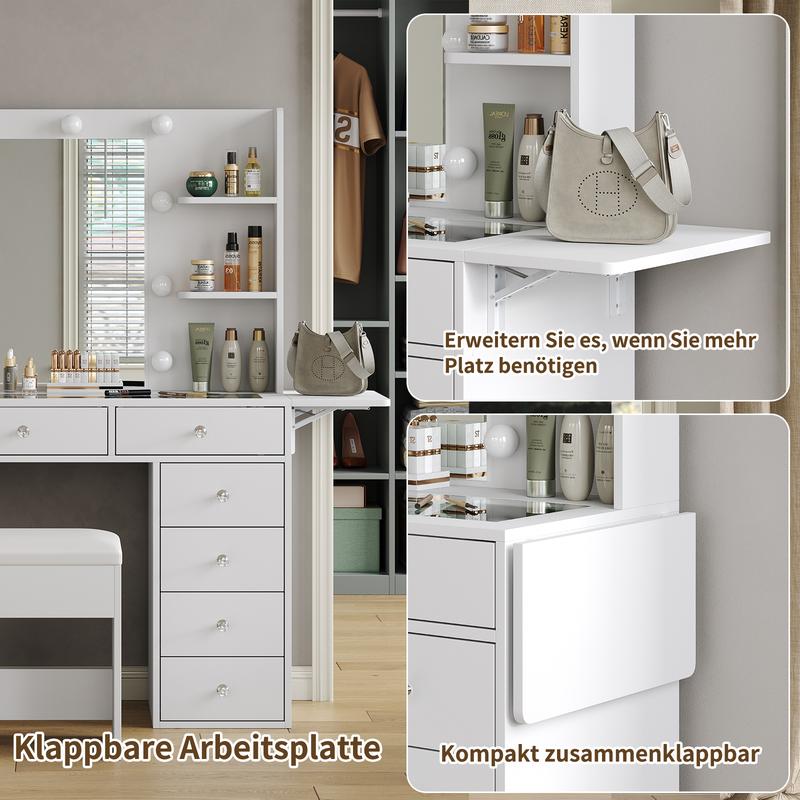 [Livré en 2 colis] FUSOU Coiffeuse 105 cm avec 11 tiroirs, prise de courant, miroir avec éclairage LED (3 modes/couleurs, intensité réglable), plateau en verre, avec chaise, 4 étagères & panneau rabattable – ensemble coiffeuse pour chambre et dressing — vignette 7