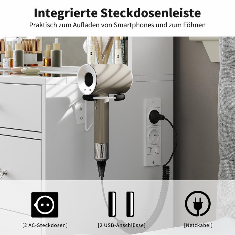 [Livré en 2 colis] FUSOU Coiffeuse 105 cm avec 11 tiroirs, prise de courant, miroir avec éclairage LED (3 modes/couleurs, intensité réglable), plateau en verre, avec chaise, 4 étagères & panneau rabattable – ensemble coiffeuse pour chambre et dressing — vignette 8