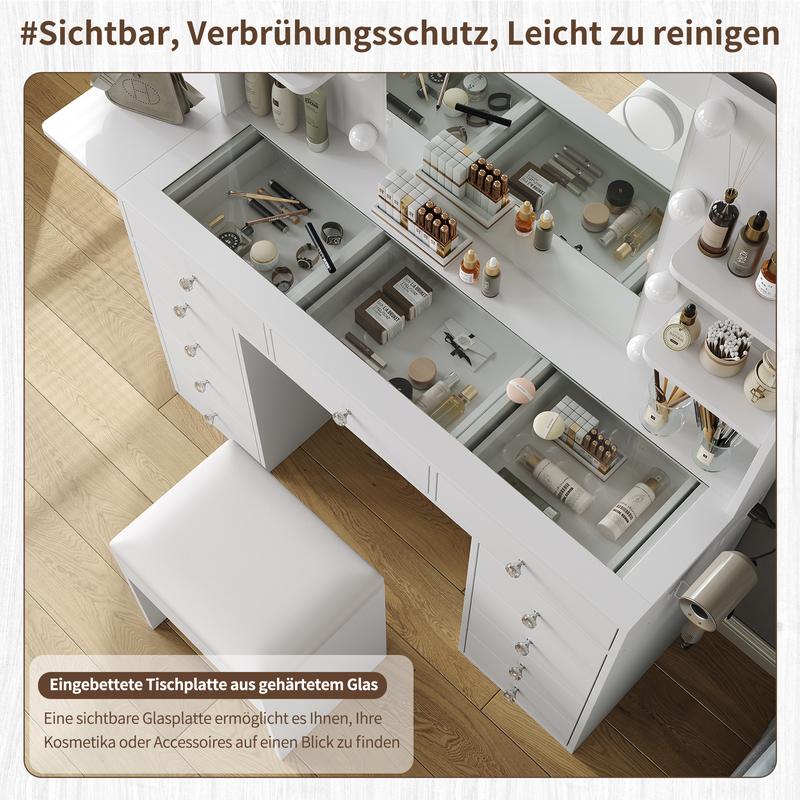 [Livré en 2 colis] FUSOU Coiffeuse 105 cm avec 11 tiroirs, prise de courant, miroir avec éclairage LED (3 modes/couleurs, intensité réglable), plateau en verre, avec chaise, 4 étagères & panneau rabattable – ensemble coiffeuse pour chambre et dressing — vignette 9
