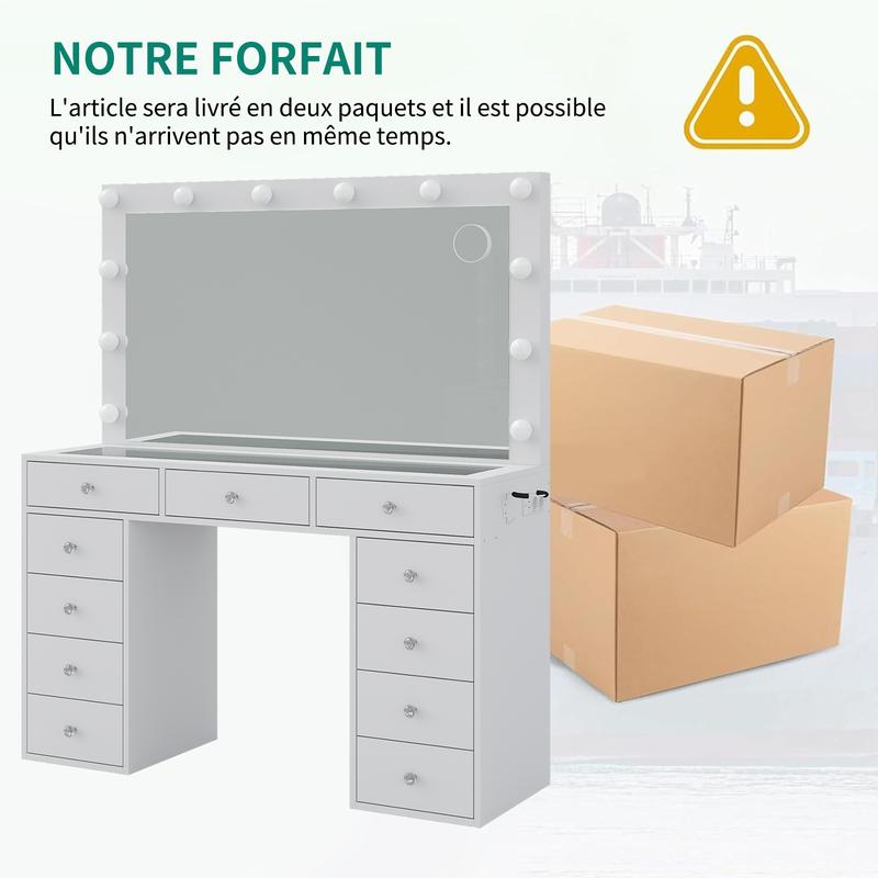 [Livré en 2 colis] FUSOU Coiffeuse 105 cm avec miroir 12 lampes 11 tiroirs + prise, 3 modes d’éclairage, plateau en verre, avec chaise, rangement & bijoux – chambre — vignette 2