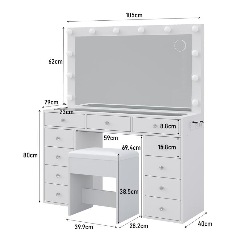 [Livré en 2 colis] FUSOU Coiffeuse 105 cm avec miroir 12 lampes 11 tiroirs + prise, 3 modes d’éclairage, plateau en verre, avec chaise, rangement & bijoux – chambre — vignette 3