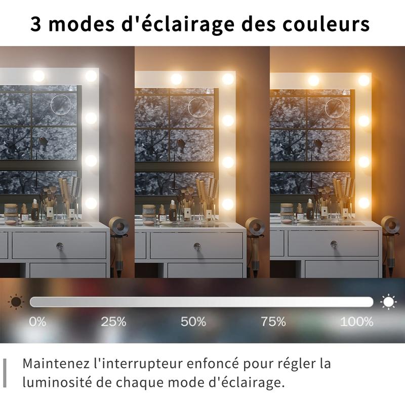 [Livré en 2 colis] FUSOU Coiffeuse 105 cm avec miroir 12 lampes 11 tiroirs + prise, 3 modes d’éclairage, plateau en verre, avec chaise, rangement & bijoux – chambre — vignette 4