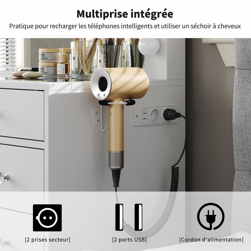 [Livré en 2 colis] FUSOU Coiffeuse 105 cm avec miroir 12 lampes 11 tiroirs + prise, 3 modes d’éclairage, plateau en verre, avec chaise, rangement & bijoux – chambre — vignette 5