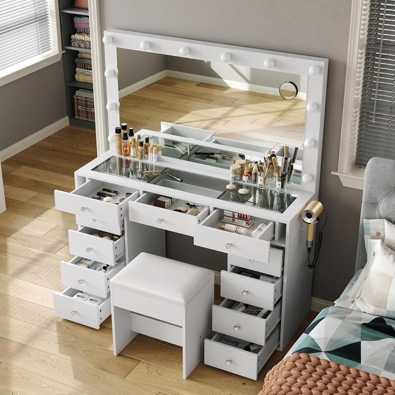 [Livré en 2 colis] FUSOU Coiffeuse 105 cm avec miroir 12 lampes 11 tiroirs + prise, 3 modes d’éclairage, plateau en verre, avec chaise, rangement & bijoux – chambre — vignette 6