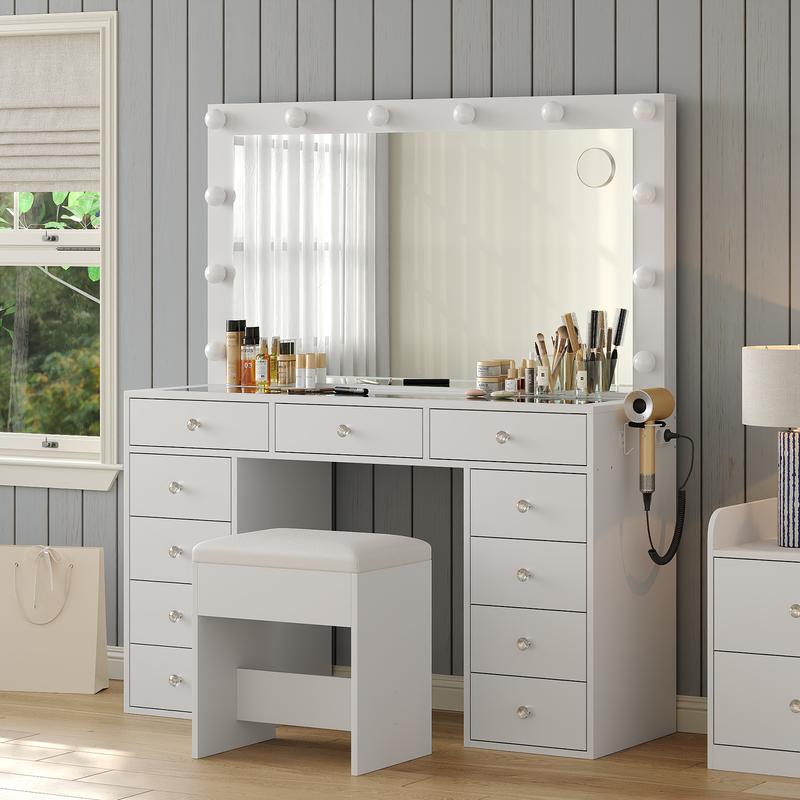[Livré en 2 colis] FUSOU Coiffeuse 105 cm avec miroir 12 lampes 11 tiroirs + prise, 3 modes d’éclairage, plateau en verre, avec chaise, rangement & bijoux – chambre — vignette 7