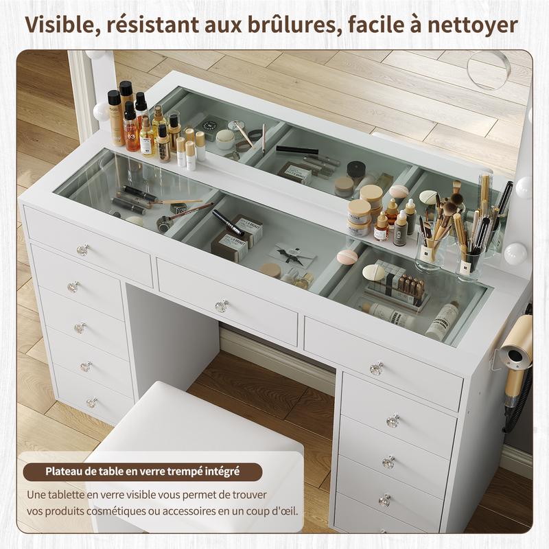 [Livré en 2 colis] FUSOU Coiffeuse 105 cm avec miroir 12 lampes 11 tiroirs + prise, 3 modes d’éclairage, plateau en verre, avec chaise, rangement & bijoux – chambre — vignette 8