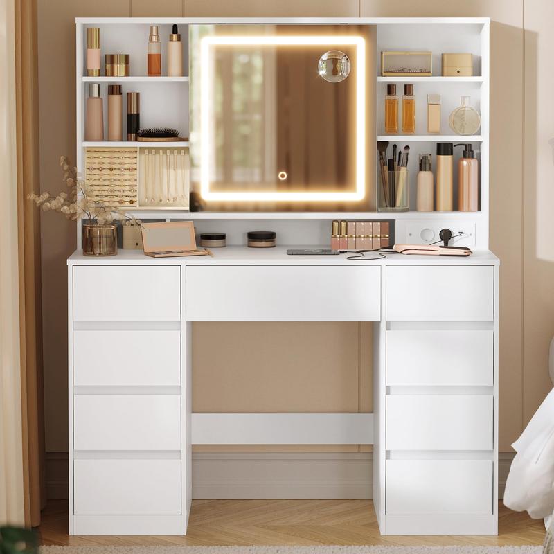 【Livré en 2 colis】SONGMICS HOME - Coiffeuse avec Miroir LED, Multiprise, 9 Tiroirs, Loupe 10x, Rangement Bijoux, Éclairage 3 Couleurs, Installation des Rails sans Outils — vignette 2