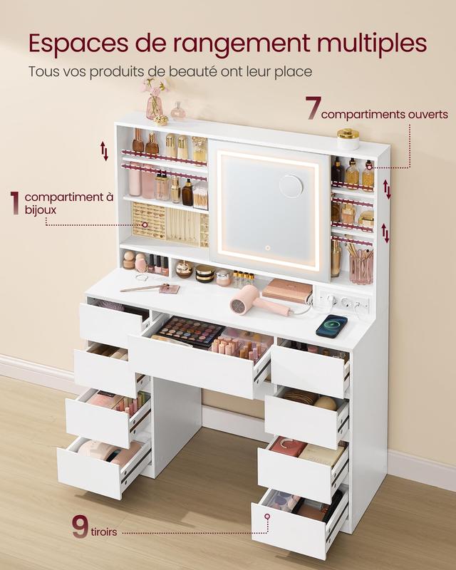 【Livré en 2 colis】SONGMICS HOME - Coiffeuse avec Miroir LED, Multiprise, 9 Tiroirs, Loupe 10x, Rangement Bijoux, Éclairage 3 Couleurs, Installation des Rails sans Outils — vignette 3