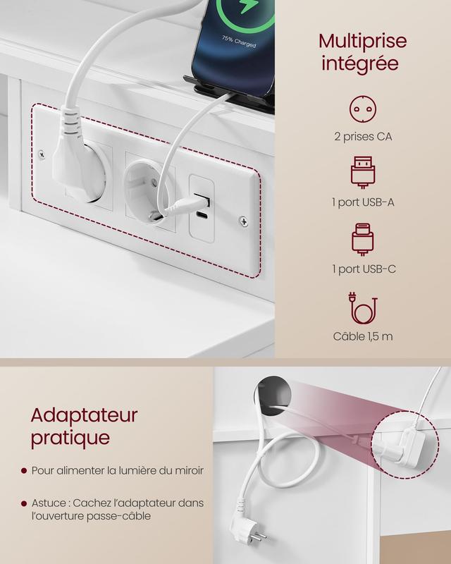 【Livré en 2 colis】SONGMICS HOME - Coiffeuse avec Miroir LED, Multiprise, 9 Tiroirs, Loupe 10x, Rangement Bijoux, Éclairage 3 Couleurs, Installation des Rails sans Outils — vignette 5