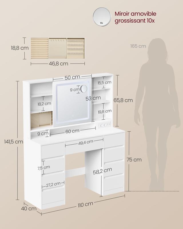 【Livré en 2 colis】SONGMICS HOME - Coiffeuse avec Miroir LED, Multiprise, 9 Tiroirs, Loupe 10x, Rangement Bijoux, Éclairage 3 Couleurs, Installation des Rails sans Outils — vignette 7